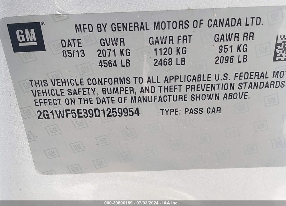 2013 CHEVROLET IMPALA LS VIN: 2G1WF5E39D1259954