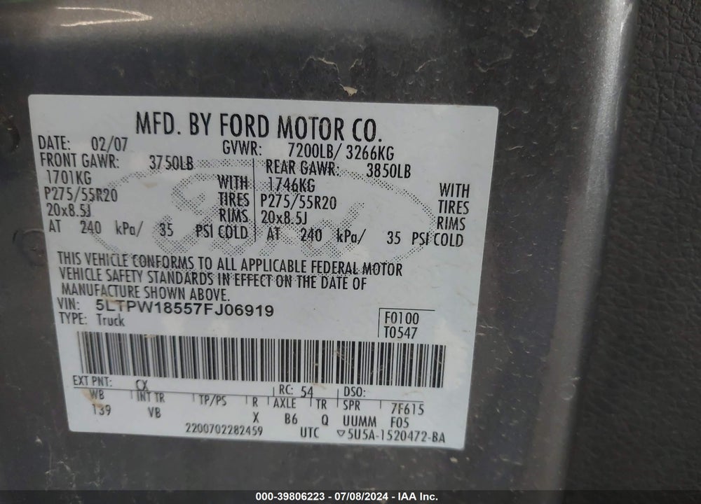 2007 LINCOLN MARK LT VIN: 5LTPW18557FJ06919