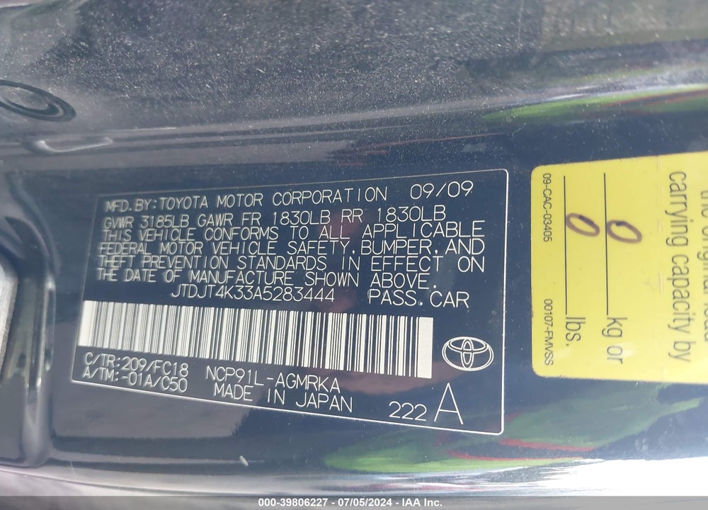 2010 TOYOTA YARIS VIN: JTDJT4K33A5283444
