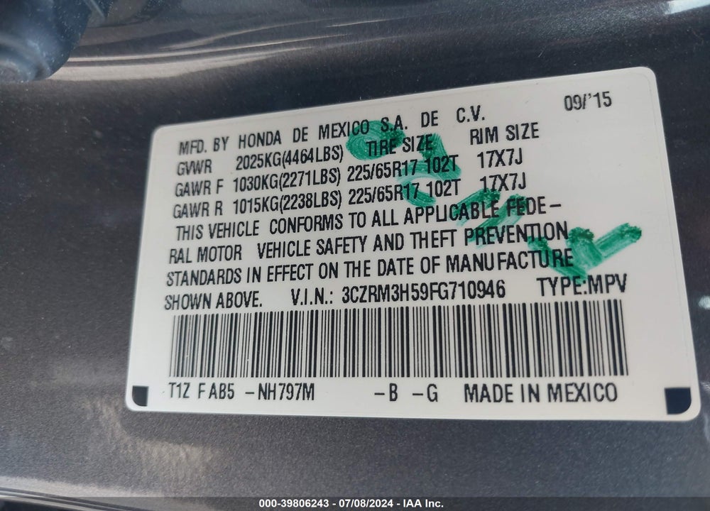 2015 HONDA CR-V EX VIN: 3CZRM3H59FG710946