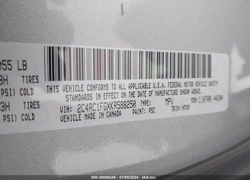 2019 CHRYSLER PACIFICA TOURING PLUS VIN: 2C4RC1FGXKR588250