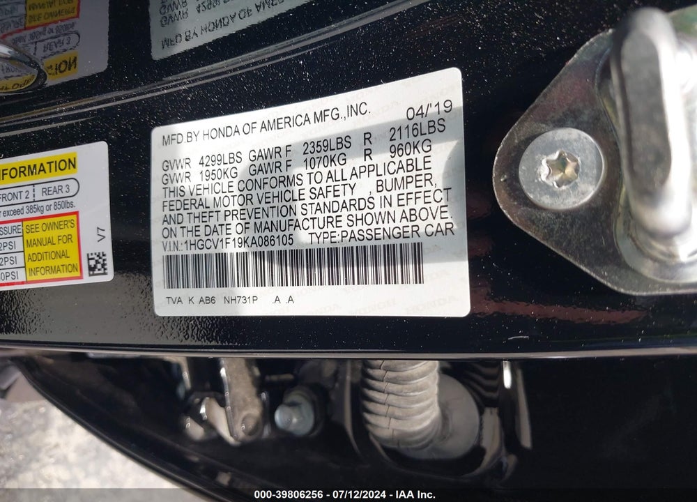 2019 HONDA ACCORD LX VIN: 1HGCV1F19KA086105