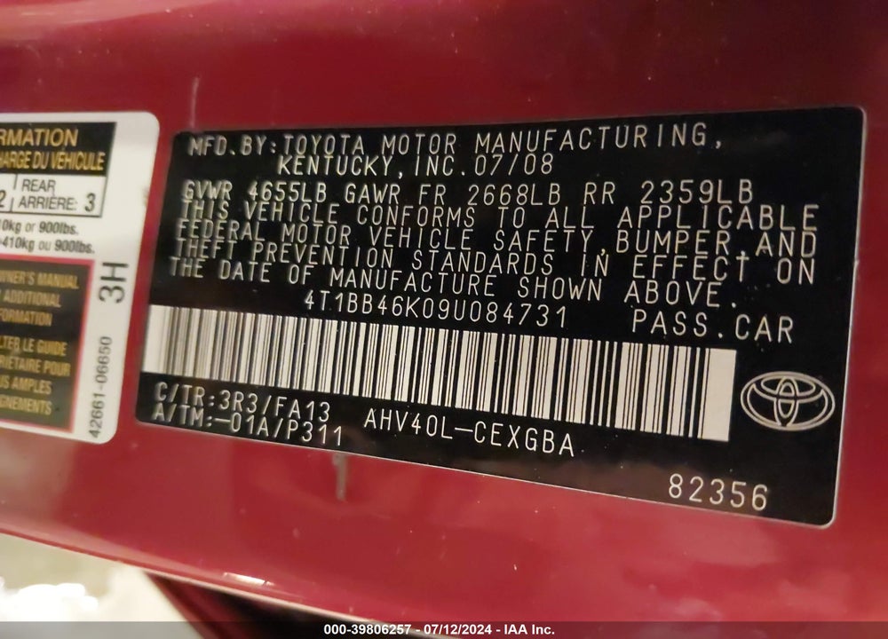 2009 TOYOTA CAMRY HYBRID VIN: 4T1BB46K09U084731