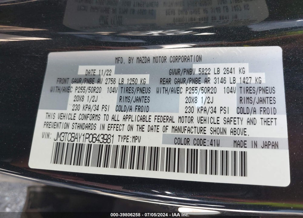 2023 MAZDA CX-9 TOURING PLUS VIN: JM3TCBAY1P0643981