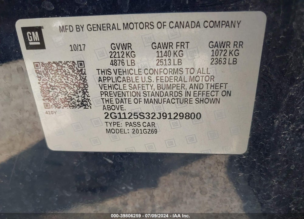 2018 CHEVROLET IMPALA 2LZ VIN: 2G1125S32J9129800