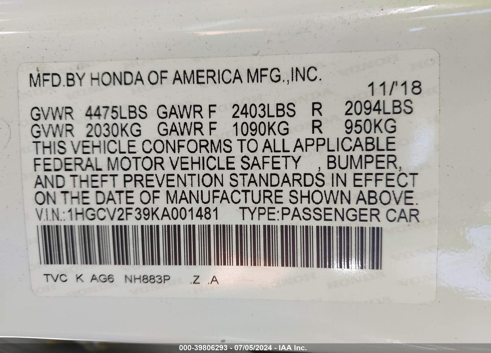 2019 HONDA ACCORD SPORT 2.0T VIN: 1HGCV2F39KA001481