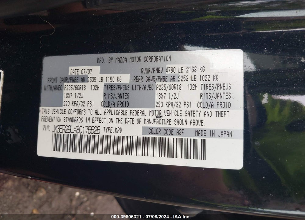 2008 MAZDA CX-7 GRAND TOURING VIN: JM3ER29LX80176626