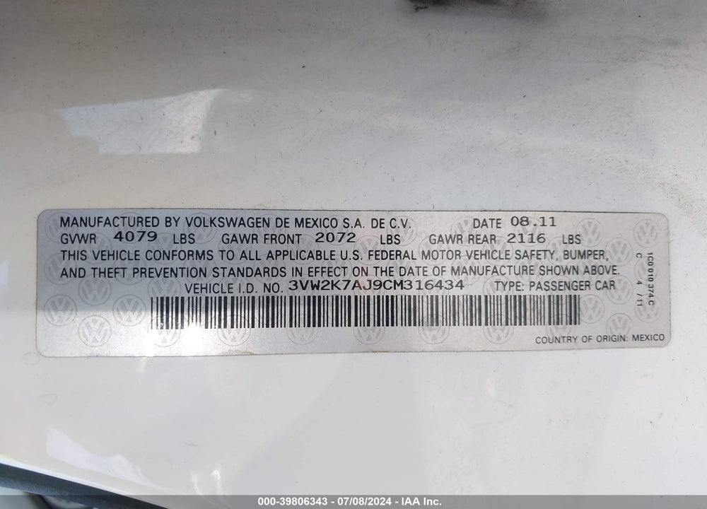 2012 VOLKSWAGEN JETTA 2.0L S VIN: 3VW2K7AJ9CM316434