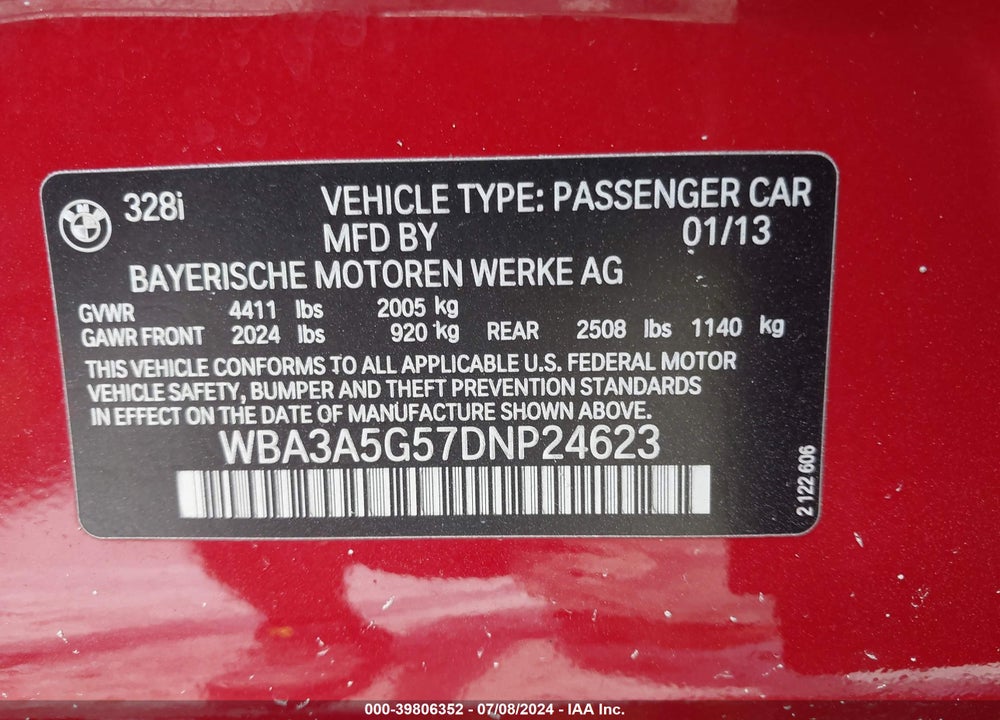 2013 BMW 328I VIN: WBA3A5G57DNP24623