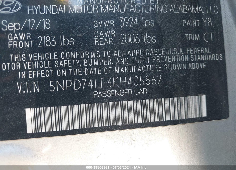 2019 HYUNDAI ELANTRA SE VIN: 5NPD74LF3KH405862