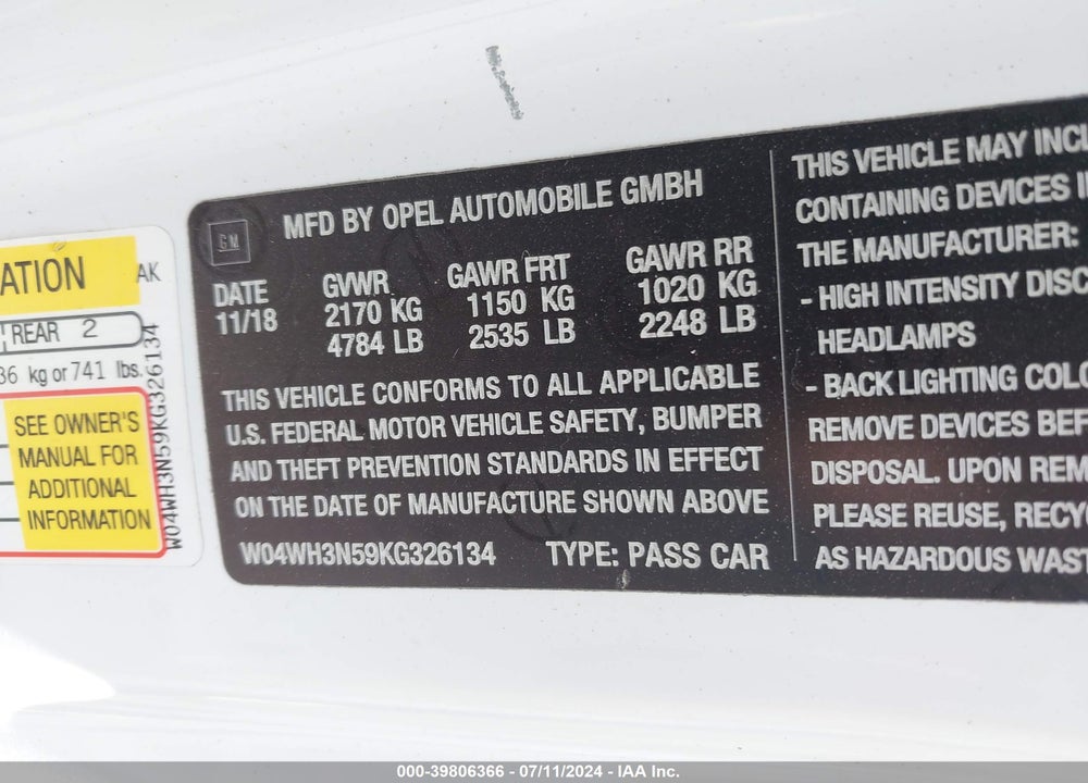 2019 BUICK CASCADA PREMIUM VIN: W04WH3N59KG326134