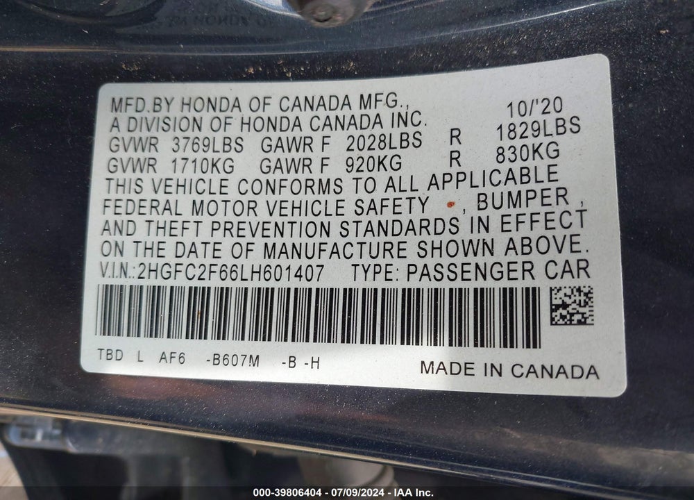 2020 HONDA CIVIC LX VIN: 2HGFC2F66LH601407