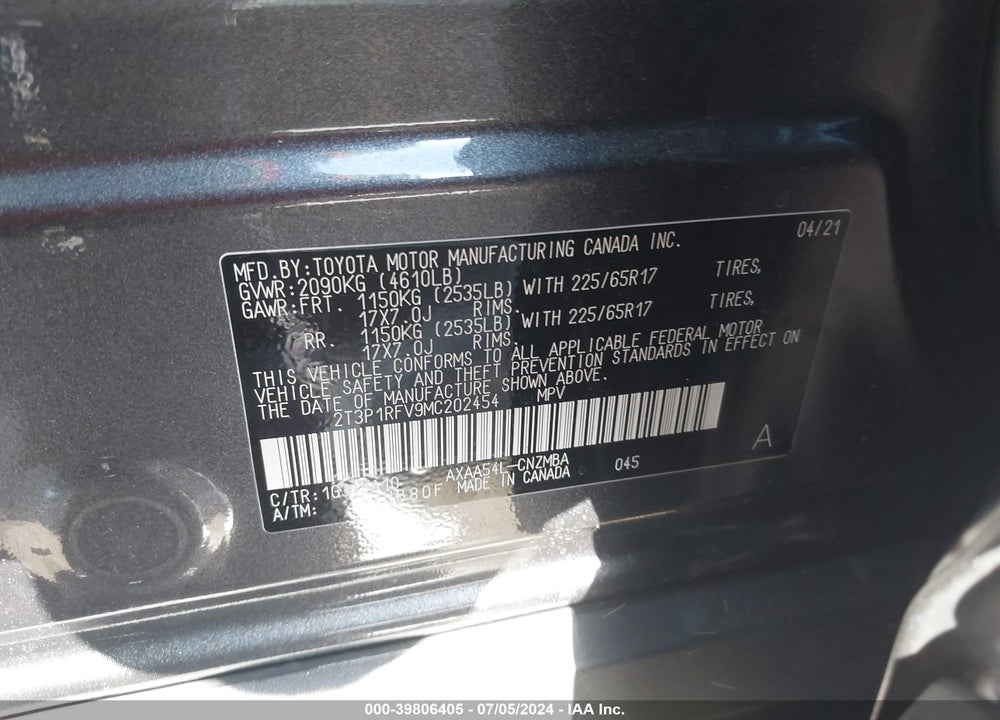 2021 TOYOTA RAV4 XLE VIN: 2T3P1RFV9MC202454