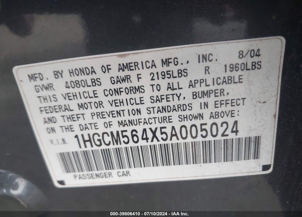 2005 HONDA ACCORD 2.4 LX VIN: 1HGCM564X5A005024