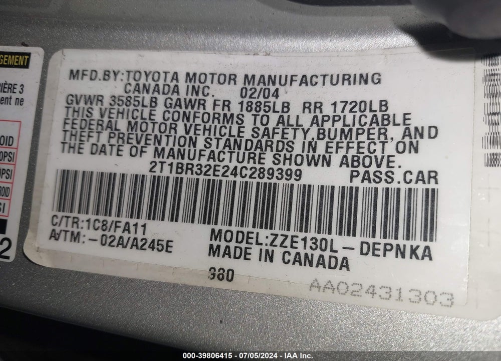 2004 TOYOTA COROLLA LE VIN: 2T1BR32E24C289399