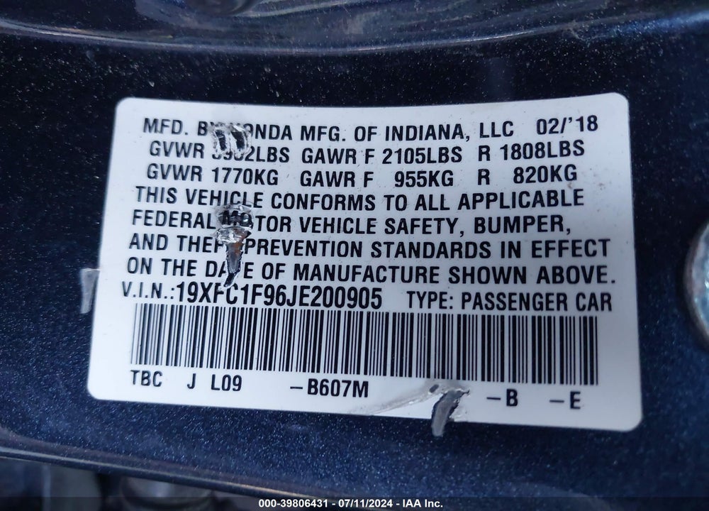 2018 HONDA CIVIC TOURING VIN: 19XFC1F96JE200905