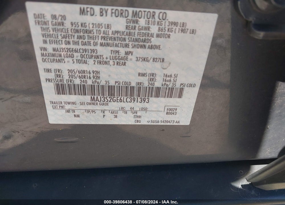 2020 FORD ECOSPORT SE VIN: MAJ3S2GE6LC391393