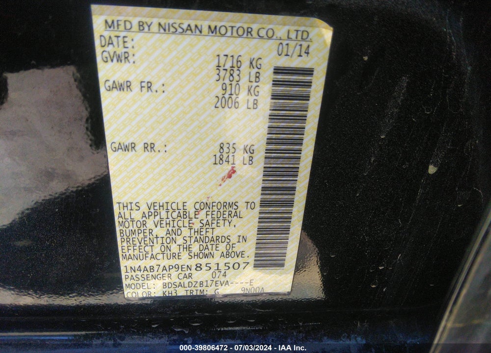 2014 NISSAN SENTRA FE+ S/FE+ SV/S/SL/SR/SV VIN: 1N4AB7AP9EN851507