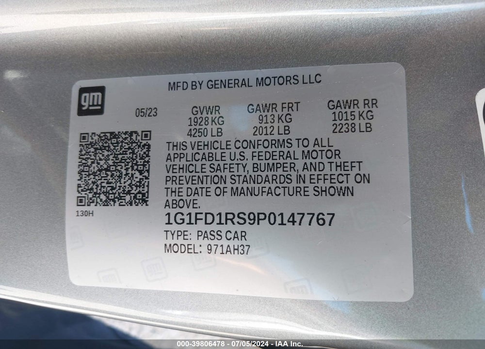 2023 CHEVROLET CAMARO RWD 3LT VIN: 1G1FD1RS9P0147767
