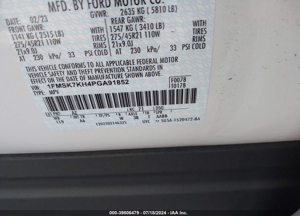 2023 FORD EXPLORER VIN: 1FMSK7KH4PGA91852