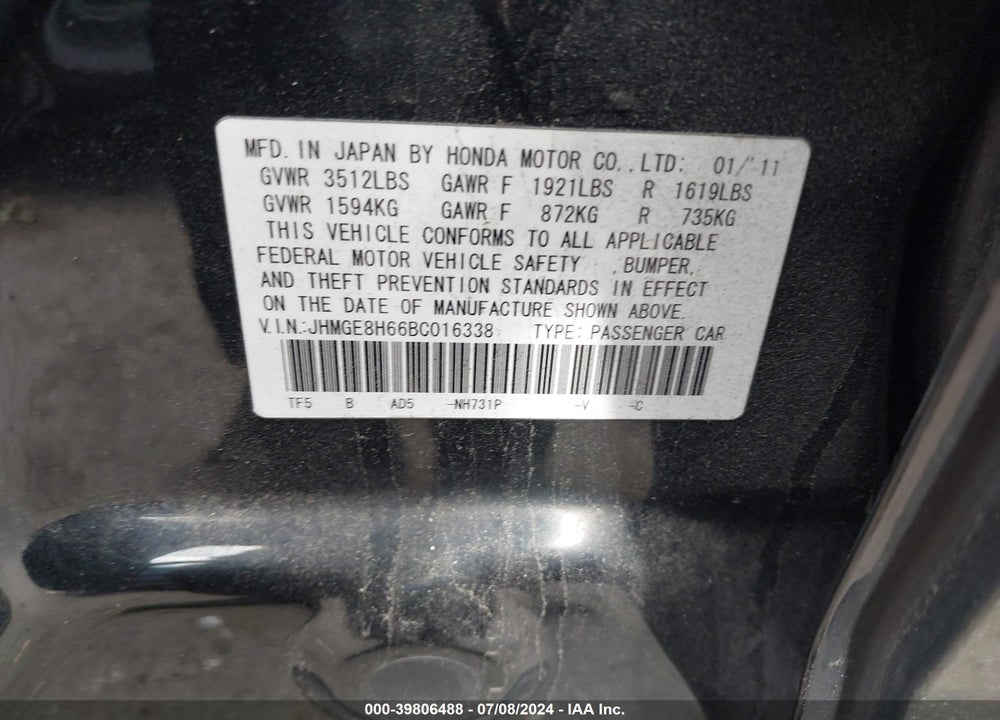 2011 HONDA FIT SPORT VIN: JHMGE8H66BC016338