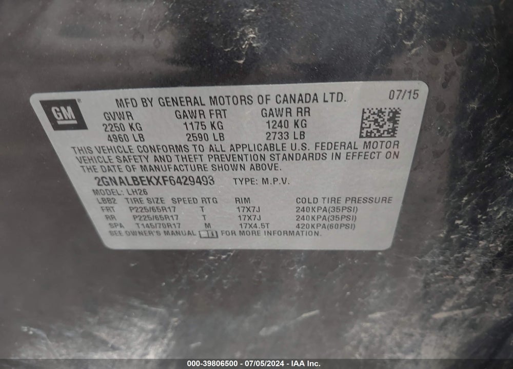 2015 CHEVROLET EQUINOX 1LT VIN: 2GNALBEKXF6429493