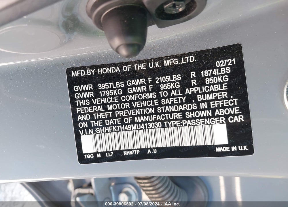 2021 HONDA CIVIC SPORT VIN: SHHFK7H49MU413030
