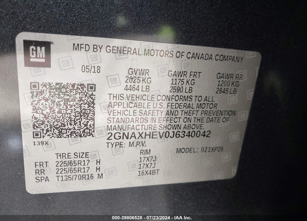 2018 CHEVROLET EQUINOX LS VIN: 2GNAXHEV0J6340042