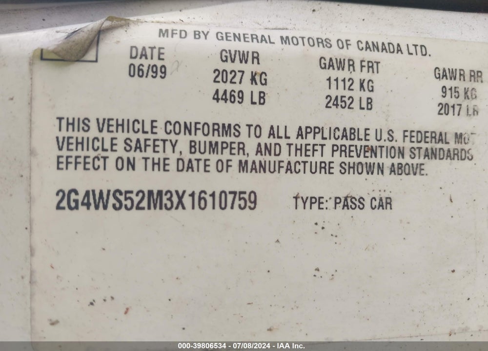 1999 BUICK CENTURY CUSTOM VIN: 2G4WS52M3X1610759