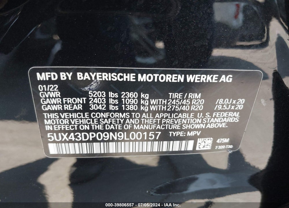 2022 BMW X3 SDRIVE30I VIN: 5UX43DP09N9L00157