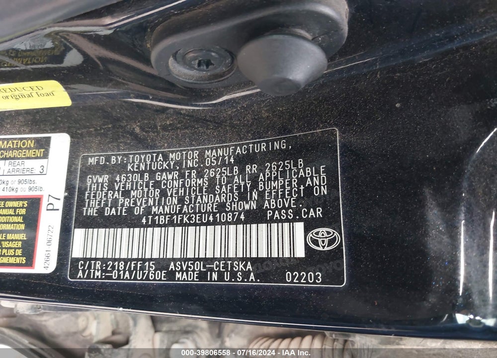 2014 TOYOTA CAMRY SE VIN: 4T1BF1FK3EU410874