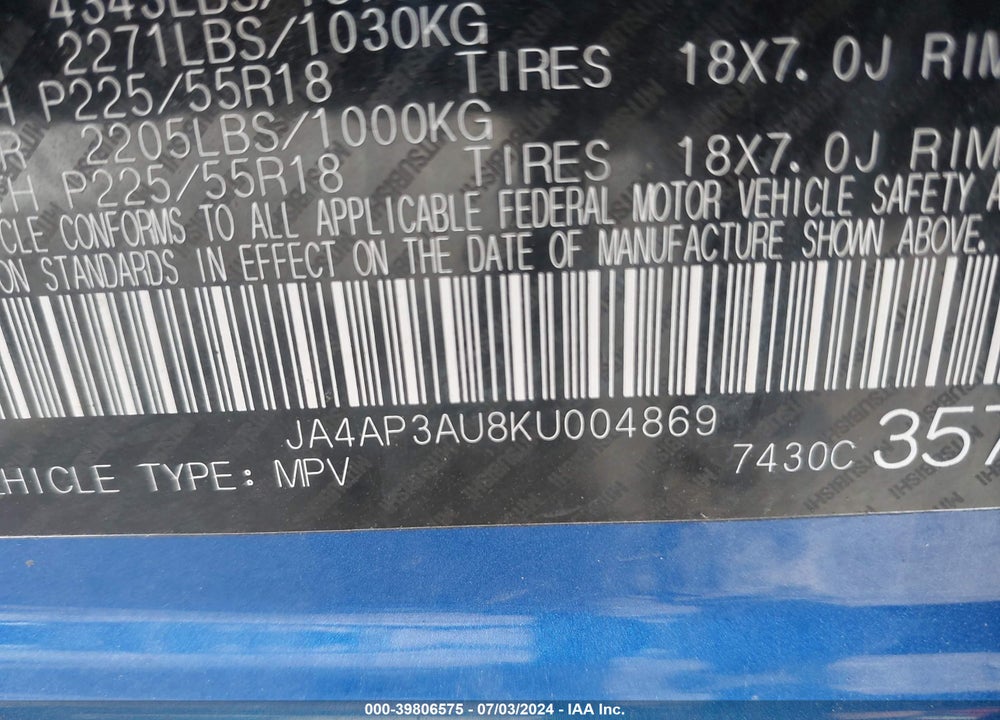 2019 MITSUBISHI OUTLANDER SPORT 2.0 ES VIN: JA4AP3AU8KU004869