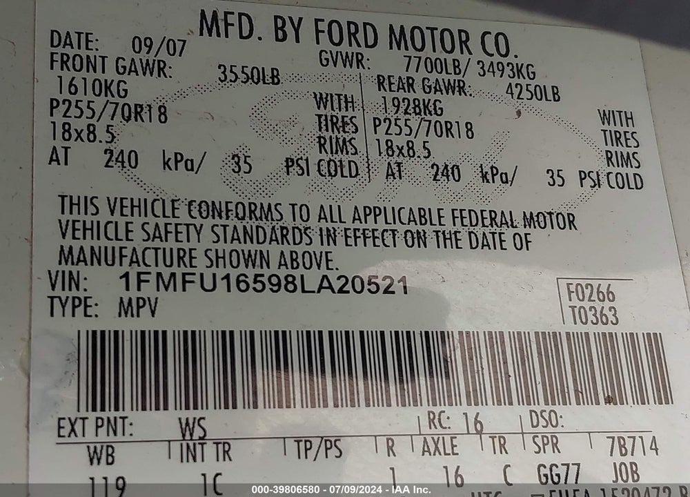 2008 FORD EXPEDITION XLT VIN: 1FMFU16598LA20521