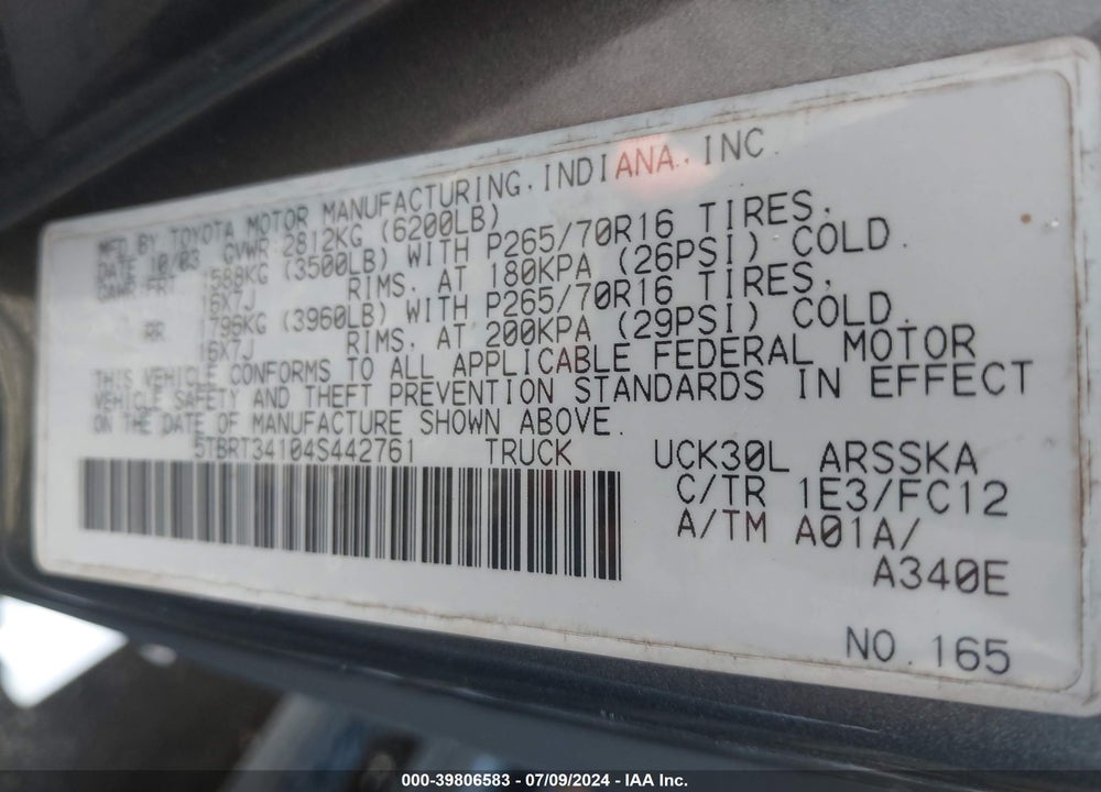 2004 TOYOTA TUNDRA SR5 V8 VIN: 5TBRT34104S442761