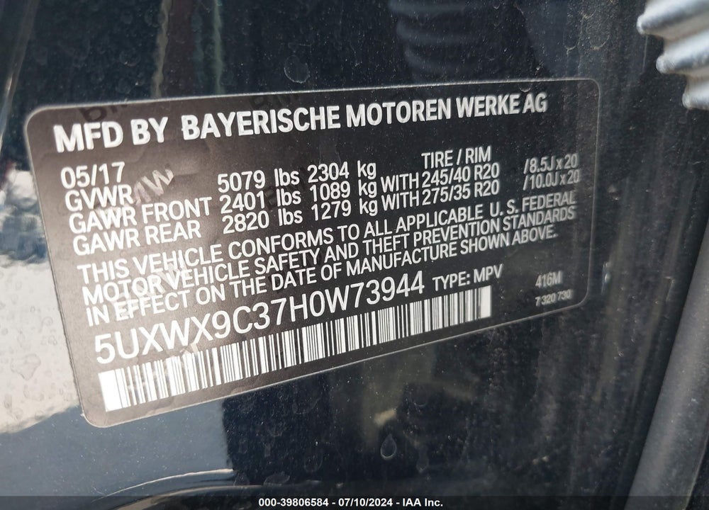2017 BMW X3 XDRIVE28I VIN: 5UXWX9C37H0W73944