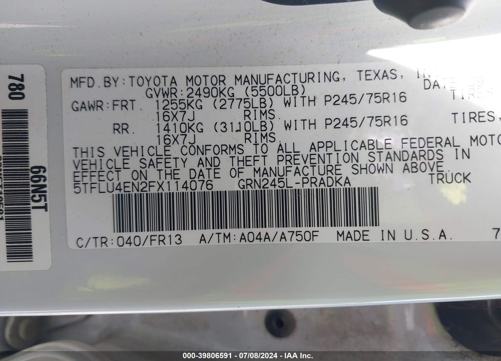 2015 TOYOTA TACOMA BASE V6 VIN: 5TFLU4EN2FX114076