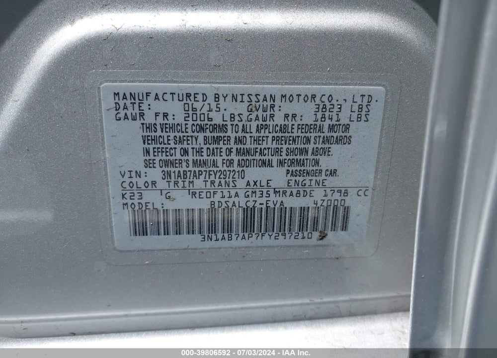 2015 NISSAN SENTRA S VIN: 3N1AB7AP7FY297210