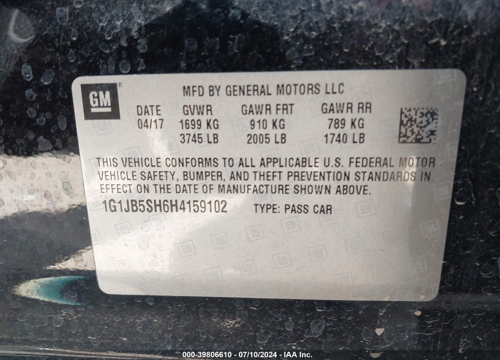 2017 CHEVROLET SONIC LS AUTO VIN: 1G1JB5SH6H4159102
