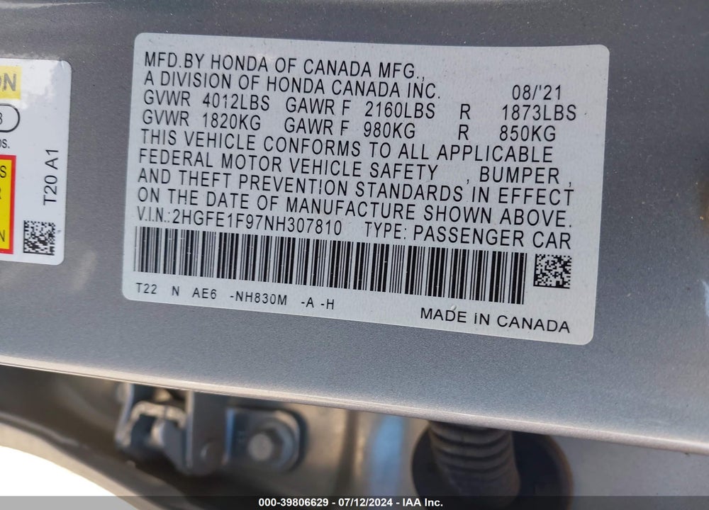 2022 HONDA CIVIC TOURING VIN: 2HGFE1F97NH307810