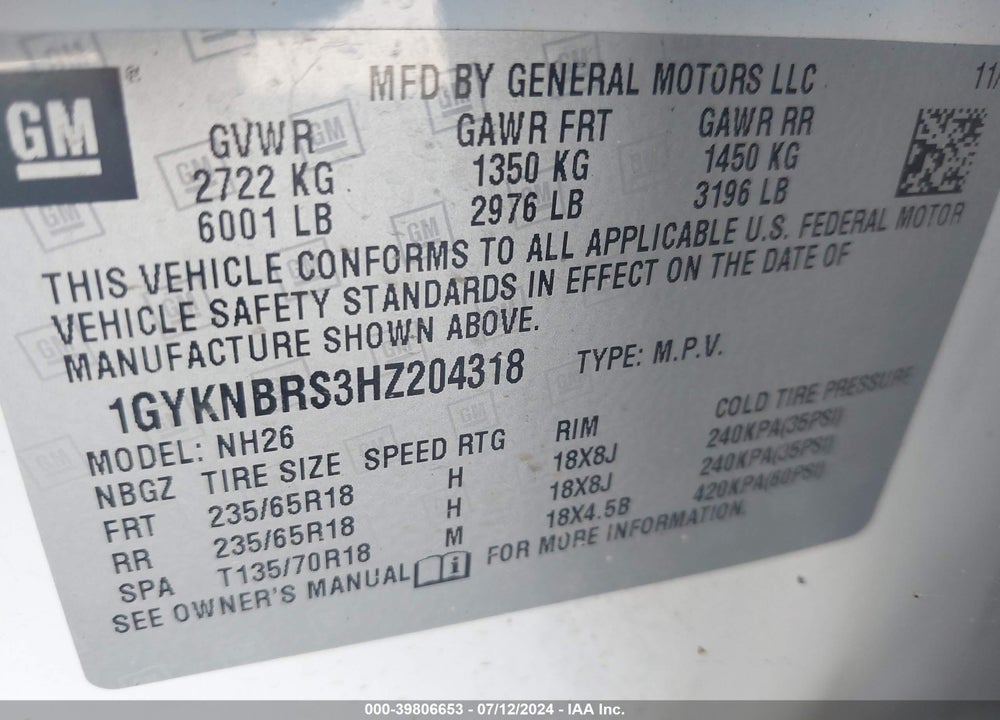 2017 CADILLAC XT5 LUXURY VIN: 1GYKNBRS3HZ204318