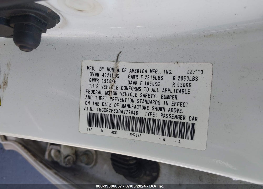 2013 HONDA ACCORD SPORT VIN: 1HGCR2F5XDA277046