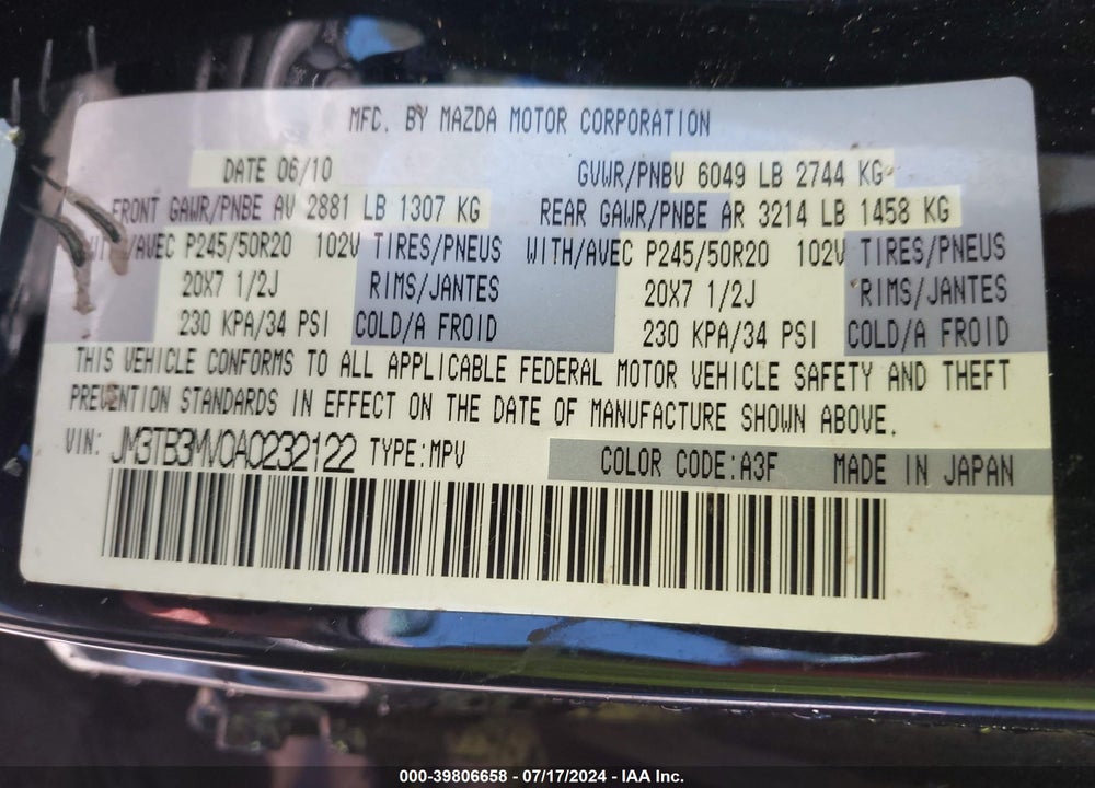 2010 MAZDA CX-9 GRAND TOURING VIN: JM3TB3MV0A0232122