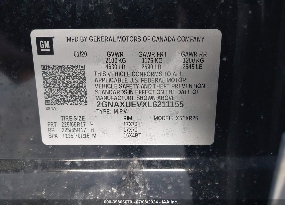 2020 CHEVROLET EQUINOX AWD LT 1.5L TURBO VIN: 2GNAXUEVXL6211155