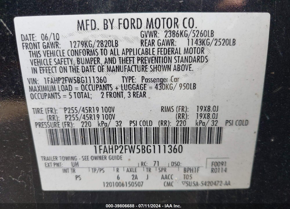 2011 FORD TAURUS LIMITED VIN: 1FAHP2FW5BG111360