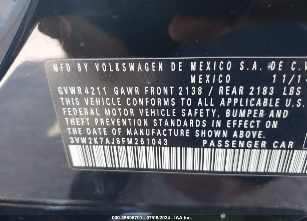 2015 VOLKSWAGEN JETTA 2.0L S VIN: 3VW2K7AJ8FM261043