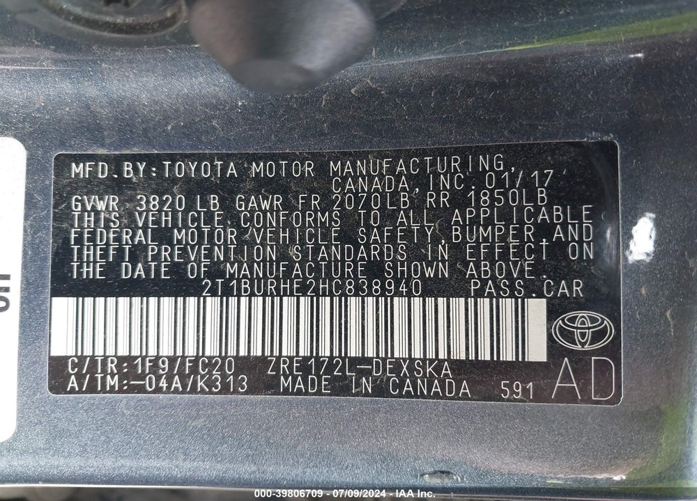 2017 TOYOTA COROLLA SE VIN: 2T1BURHE2HC838940