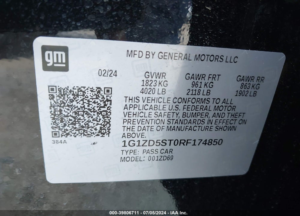2024 CHEVROLET MALIBU LT VIN: 1G1ZD5ST0RF174850