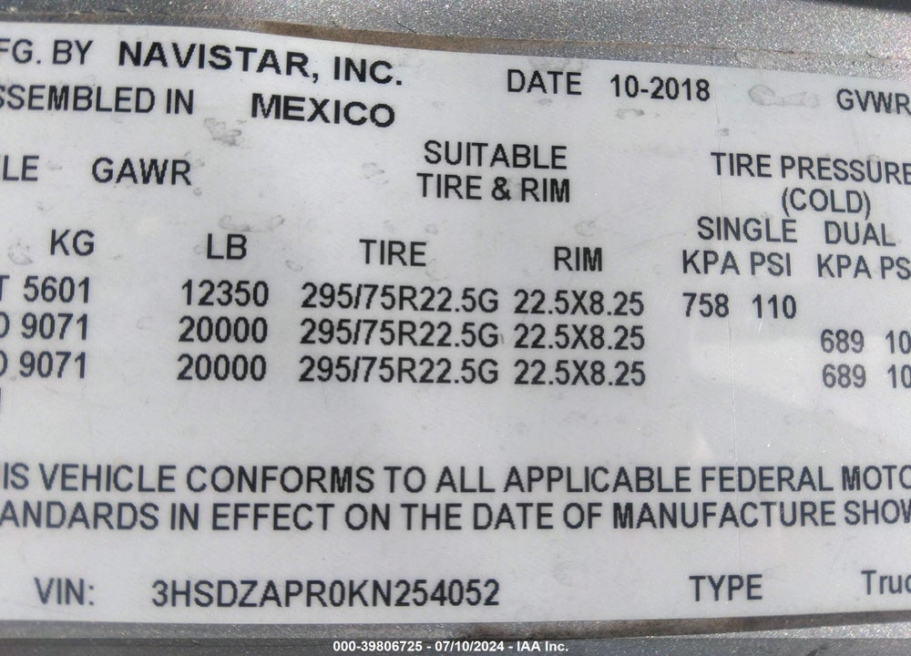 2019 INTERNATIONAL LT VIN: 3HSDZAPR0KN254052