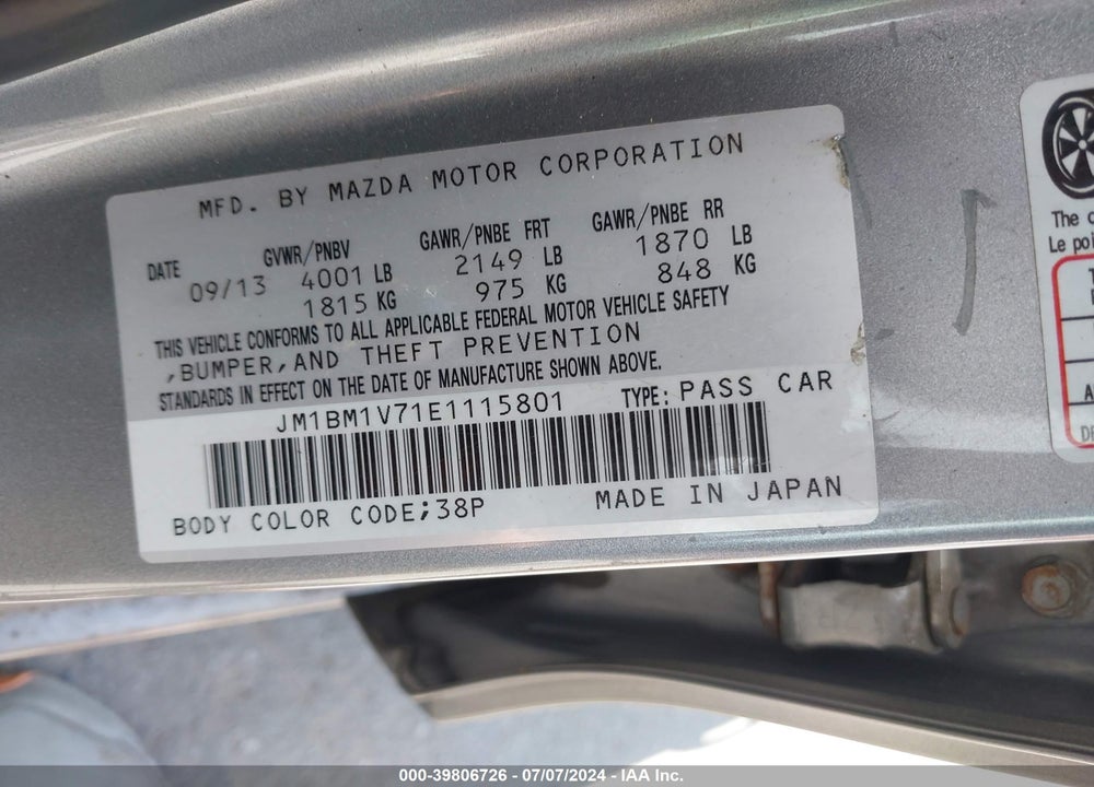2014 MAZDA 3 I TOURING VIN: JM1BM1V71E1115801