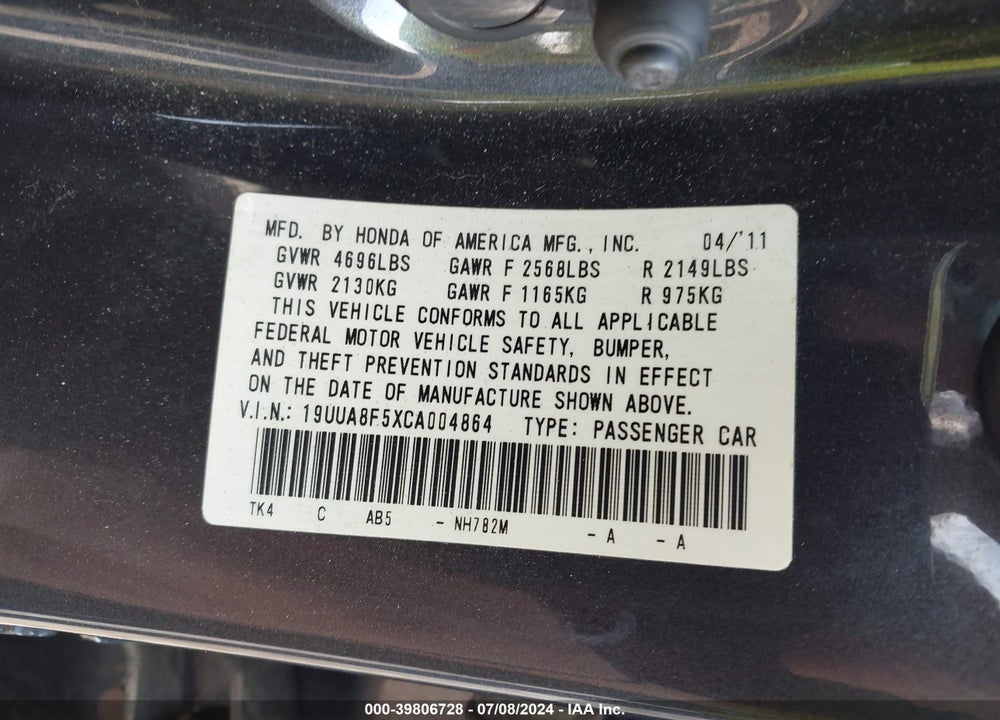 2012 ACURA TL 3.5 VIN: 19UUA8F5XCA004864